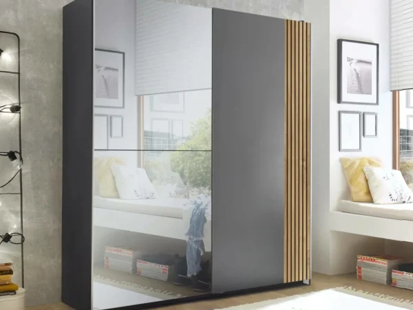 Berno Sliding 2 Door Wardrobe With Mirror In Light Oak / Dark Grey